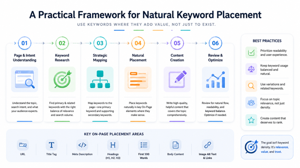 A Practical Framework for Natural Keyword Placement illustrated with SEO content structure, headings, and keyword placement workflow A Practical Framework for Natural Keyword Placement showing how to use keywords naturally in titles, headings, body content, and meta descriptions A Practical Framework for Natural Keyword Placement visual guide for writing SEO content without keyword stuffing A Practical Framework for Natural Keyword Placement infographic demonstrating balanced keyword usage across an optimized webpage A Practical Framework for Natural Keyword Placement editorial illustration explaining strategic keyword integration for better SEO readability and rankings